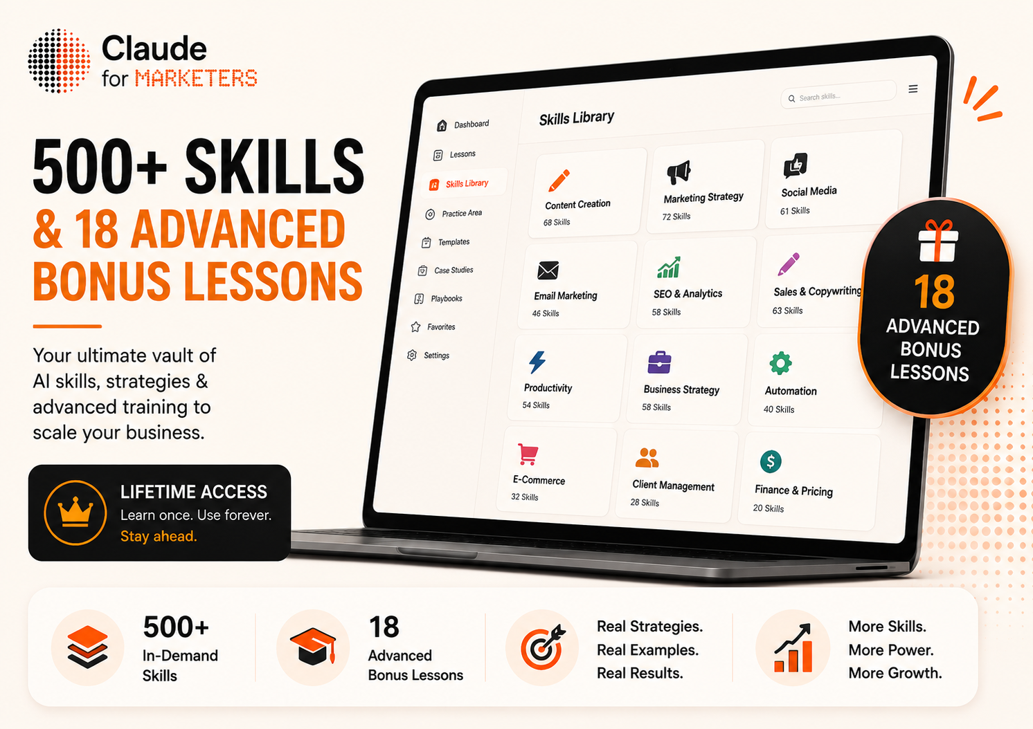 Claude for Marketers — 500+ skills & 18 advanced bonus lessons library